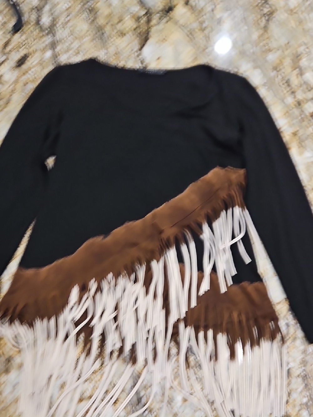 T☆Party Brand Black Long Sleeve Top with Brown Fringe and Cream Tassels.Size S